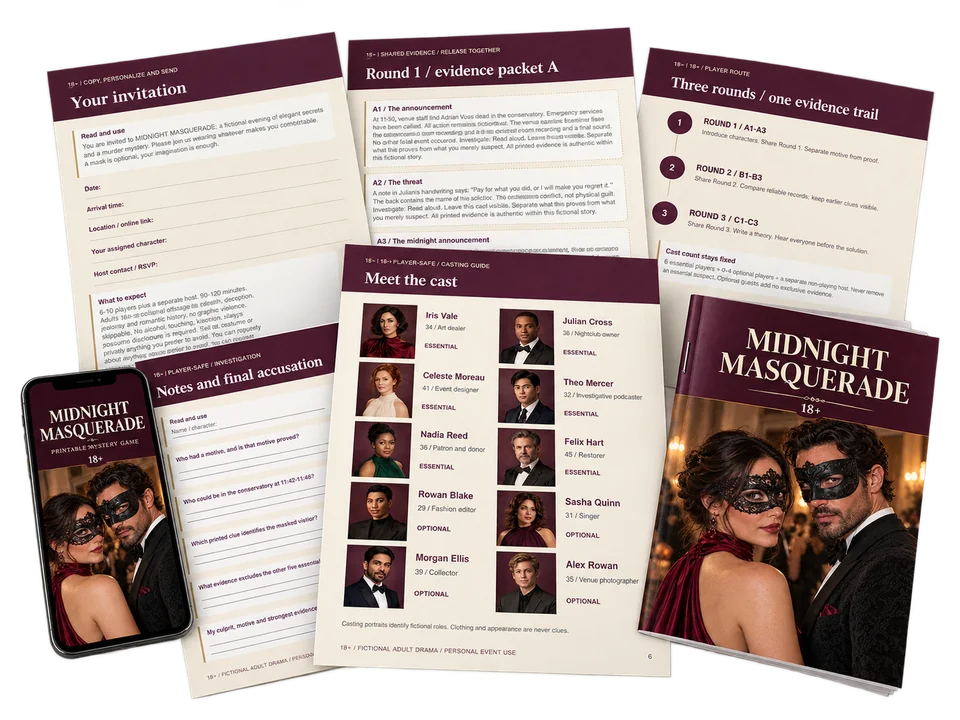 Midnight Masquerade booklet, phone and a selection of printable pages